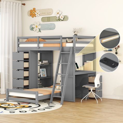 Shelves And Desk, Bunker Bed, Built In Desk And Shelves, Modern Bunk, L Shaped Bunk Beds, Workspace Storage, Bunk Bed With Desk, Twin Over Twin Bunk Bed, Bed With Led Lights