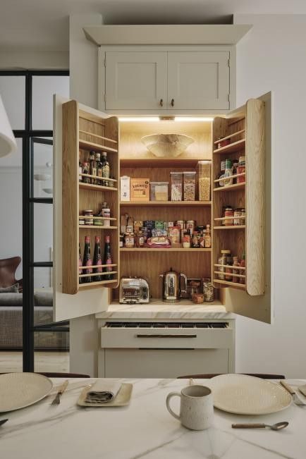 The Hampstead Heath Kitchen | Ledbury Studio Modern Cornice, Breakfast Cupboard, Breakfast Pantry, Helen Parker, Kitchenette Design, Vintage Pantry, Kitchen Pantry Cupboard, Small Kitchenette, Dream Pantry