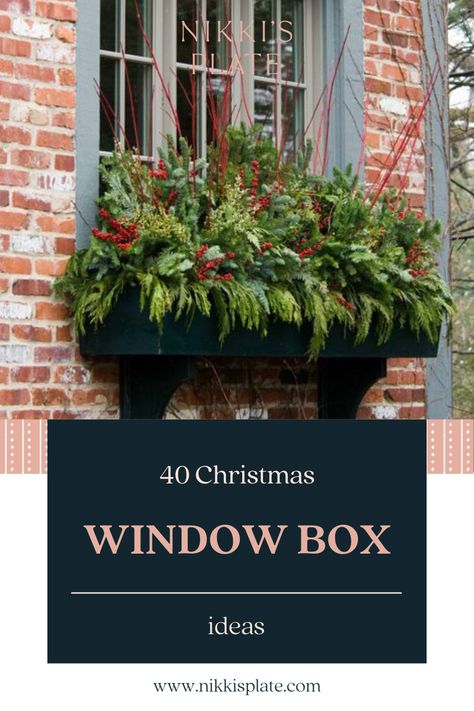 Christmas window boxes ideas; a list of all the beautiful Christmas window box designs and decor ideas. Christmas Wreath Outside Windows, Exterior Window Boxes, Xmas Window Boxes, Window Box Winter Ideas, Christmas Window Box Decor, Window Boxes In Winter, Christmas Outdoor Window Boxes, Window Ideas For Christmas, Winter Window Boxes Outdoor