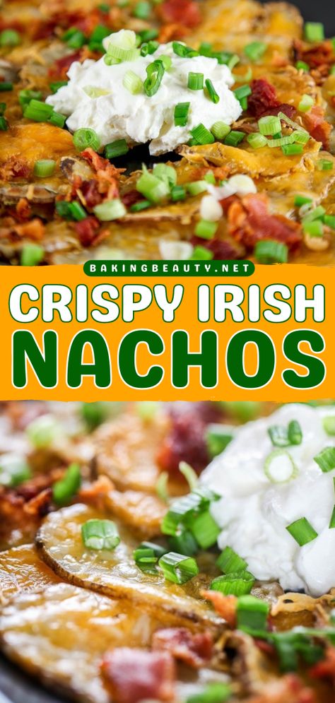 The ULTIMATE Irish Nachos! Made with crispy potato rounds and toppings like bacon and cheese, these loaded nachos are perfect for homegating and tailgating. Pin this game day recipe for later! Football Appetizers Easy, Irish Nachos, Nacho Recipes, Football Recipes, Potato Rounds, Football Appetizers, Potato Nachos, Loaded Nachos, Potato Skin