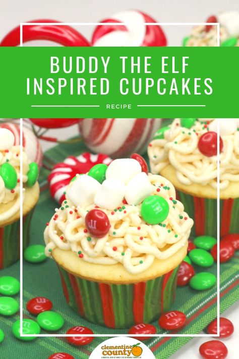 Do you love the Christmas movie Elf as much as I do? Try these cupcakes inspired by Buddy the Elf and his sugar-filled breakfast choices! Buddy The Elf Dessert Ideas, Elf Movie Themed Party Food, Buddy The Elf Christmas Party Ideas, Elf Desserts, Elf Movie Cookies, Elf Themed Party, Elf Themed Christmas Party, Christmas Cupcakes Decoration, Breakfast Choices