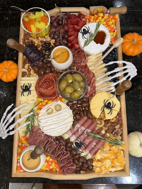 Charcuterie Boards, Grazing Trays, Snack Platters, Meat, Cheese, and Beyond | My CharBOOterie Board 👻🧡 | Facebook Cheese Platter Halloween, Charbooterie Board, Snack Platters, Meat And Cheese Tray, Charcuterie Board Meats, Snack Platter, Cheese Tray, Cheese Platters, Halloween Food