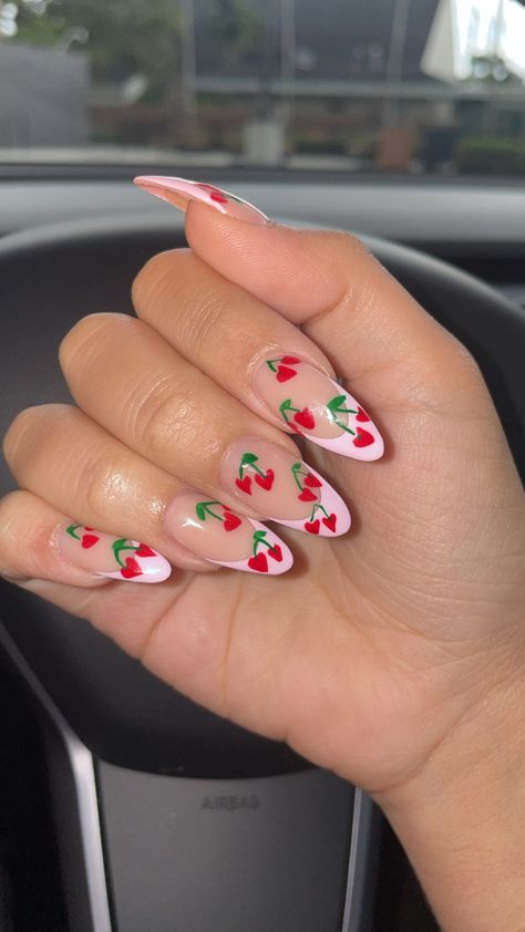 Cherry heart nails Nail Inspo Harry Styles, Harry Style Nail Ideas, Harry Styles Inspired Nails Acrylic, Harry Style Inspired Nails, Nail Ideas Concert, Nail Ideas Harry Styles, Harry Styles Nail Designs, Tpwk Nails, Harry Styles Gel Nails