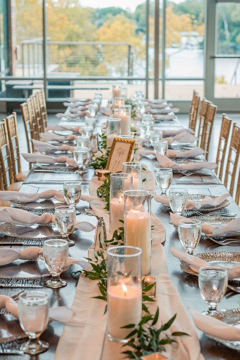 For a simple and classic design, a long table with simple greenery and candles works well. Plain Table Decor Wedding, Sage Dessert, Rectangle Wedding Table Decor, Rectangle Table Centerpieces Wedding, Rectangle Table Centerpieces, Rectangle Wedding Tables, Long Table Decorations, Long Table Wedding, Raspberry Yogurt