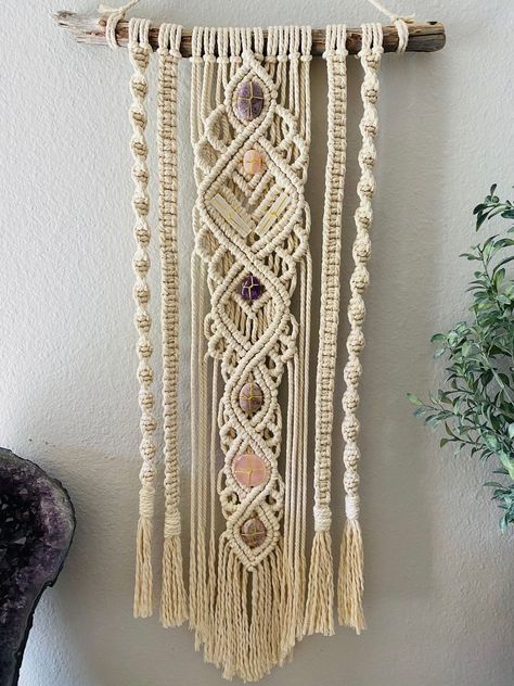 Macrame Free Patterns Projects, Macrame And Crystal Wall Hanging, Macrame With Gemstones, Macrame Wall Pattern, Macrame Crystal Wall Hanging, Macrame And Crystals, 5mm Macrame Projects, Macrame With Crystals, Macrame Chakra Wall Hanging