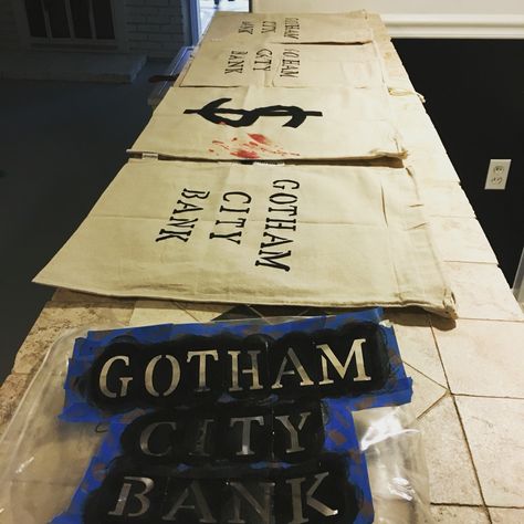 Made some Gotham City money bag props for Halloween decor. #harleyquinn #joker Gotham City Decorations, Joker Money, Joker Decorations, Joker Party, Villain Party, Batman Themed Birthday Party, Girl Superhero Party, Hotwheels Birthday Party, Joker Halloween