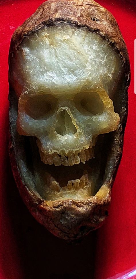 skull carved from potato than fried Potato Carving, Unexplained Phenomena, Skull Carving, Edible Art, Grim Reaper, Text Image, Alien Logo, Pumpkin Carving, Food Art