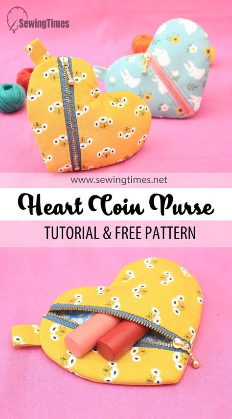 DIY HEART COIN PURSE | Heart Zipper Pouch Sewing Pattern & Tutorial [sewingtimes] Zipper Pouch Sewing Pattern, Pouch Sewing Pattern, Heart Coin Purse, Diy Coin Purse, Diy Pouch, Earphone Holder, Coin Purse Pattern, Coin Purse Tutorial, Heart Coin