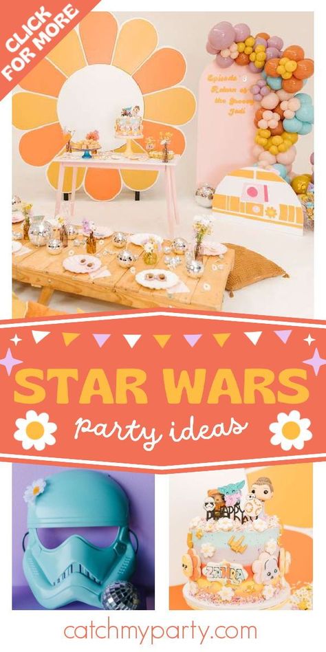 Take a look at this groovy Star Wars party! The cake is out of this world! See more party ideas and share yours at CatchMyParty.com Girl Star Wars Party, Girls Star Wars Party, Star Wars Party Ideas, Birthday Disco, Ice Cream Party Favors, Star Wars Theme Party, Movie Themed Party, Girls Birthday Party Themes, Star Wars Cake