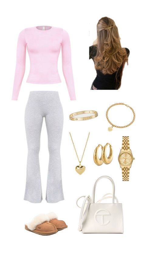 Clean girl basic winter outfit inspo with pink long sleeved top, grey flared trousers, ugg slippers, white bag, gold cartier jewellery, gold watch, hair inspo Ugg Slippers White, Grey Flares Outfit, Outfit Inspo Collage, Flares Outfit, Inspo Collage, Cartier Jewellery, Slippers White, Cartier Jewelry, Flared Trousers