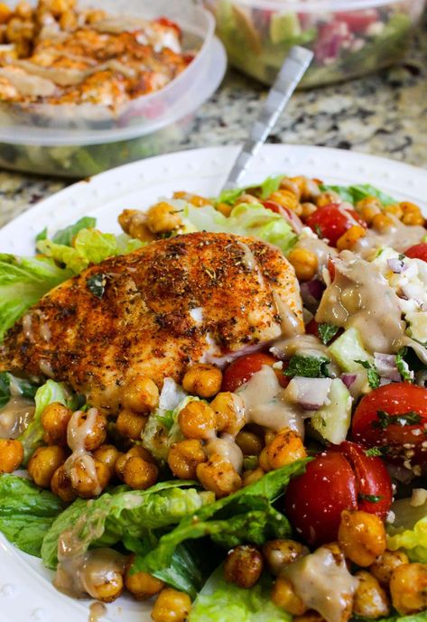 Greek Chicken and Chickpea Chopped Salad Chickpea Chopped Salad, Chickpea Chicken Salad, Clean Eating Kids, Greek Chicken Salad, Chicken Chopped Salad, Salad Meal Prep, Prepped Lunches, Tahini Dressing, Greek Chicken