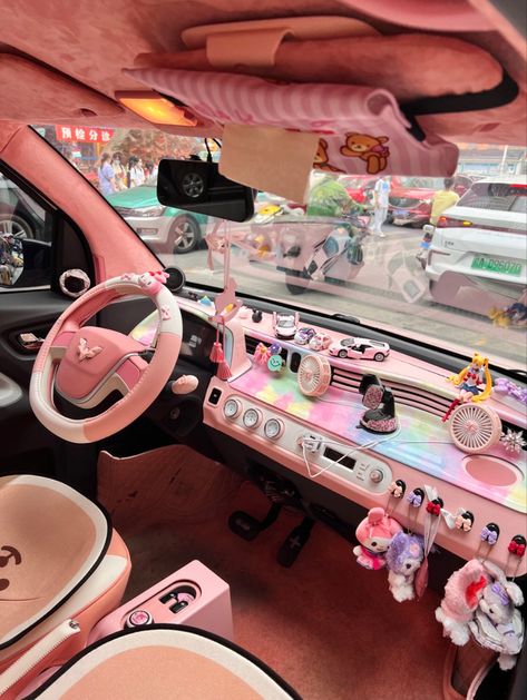 Dream Car Interior, Aesthetic Sailor Moon, Jam Aesthetic, Hello Kitty Car Accessories, Pink Car Interior, Aesthetic Floor, Hello Kitty Room Decor, Pink Car Accessories, Hello Kitty Car