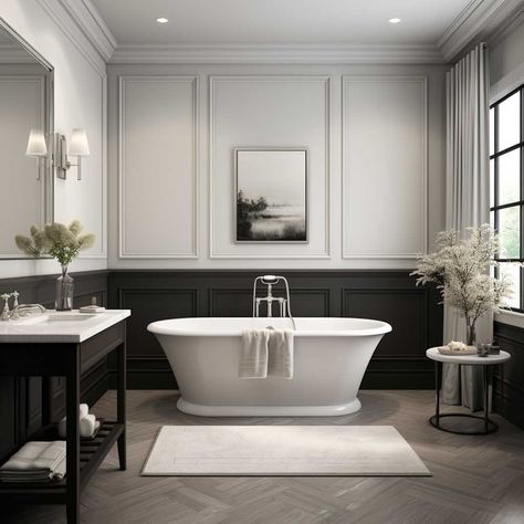 Panelling In A Bathroom, Wainscoting Behind Tub, Bathroom With Black Wainscoting, Traditional Bathroom Panelling, Master Bath With Wainscoting, Modern Bathroom Panelling, Wood Panelling In Bathroom, Bathrooms With Panelling, Panelling Bathroom Ideas