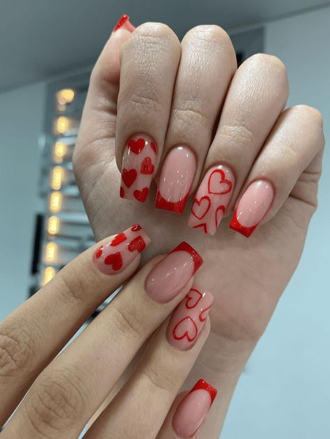 24PCS Valentine'S Day Red French Fake Nails, Press On Nails With Love Design, False Nails For Women Girls Daily Wear(Medium Square Shape)I discovered amazing products on SHEIN.com, come check them out! Unghie Nail Art, Valentine Nail Art, Nail Designs Valentines, Hari Valentine, Fake Nails With Glue, Makijaż Smokey Eye, Heart Nails, Valentine's Day Nails, Valentines Nails