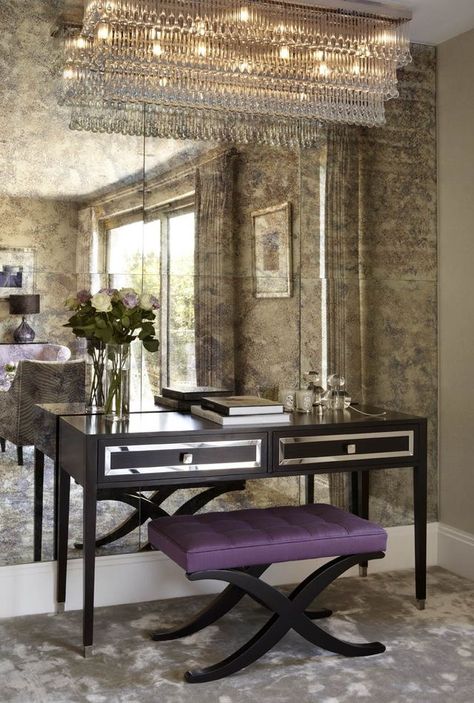 Antique Mirror Tiles, Mirrored Walls, Glam Interior Design, Antique Mirror Glass, Mirror Dining Room, Antique Mirror Wall, Mirrored Wall, Mirror Tiles, Mirror Mirror On The Wall