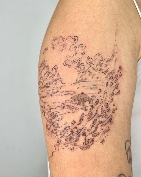 Land Scape Tattoo, Howl Tattoo Ghibli, Fine Line Scenery Tattoo, Such A Pretty House Such A Pretty Garden Tattoo, Studio Ghibli Inspired Tattoo, Subtle Ghibli Tattoo, Countryside Tattoo, Tattoo Landscape, Village Tattoo