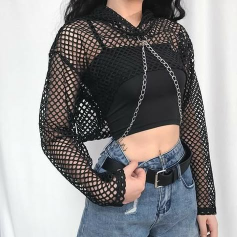 Fishnet Shirt Outfit, Fishnet Top Outfit, Chain Hoodie, Gothic Embroidery, Black Fishnet Top, Fishnet Outfit, Fishnet Shirt, Resting Witch Face, Fishnet Crop Tops