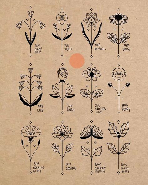 Botanical Stick And Poke, Jagua Tattoo, Date Tattoos, Stick N Poke Tattoo, Hand Poked Tattoo, Birth Flower Tattoos, Tattoo Flash Sheet, Flash Tattoo Designs, Memorial Tattoo