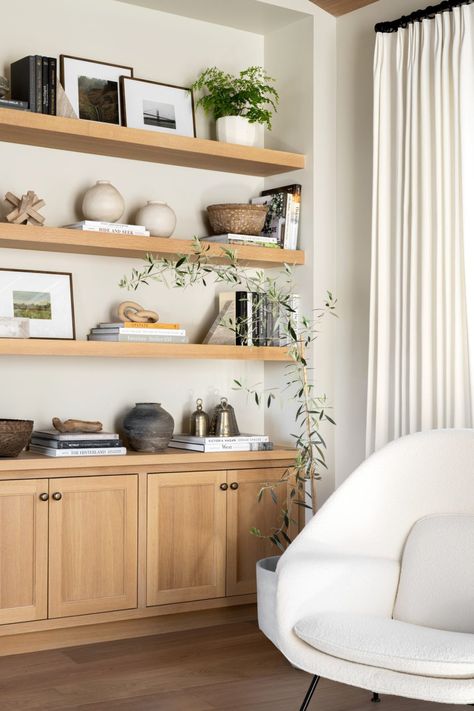 5 Styling Moments From The Home on the Bay Project  - Studio McGee Joanna Gaines Shelf Styling, 1930s Home Decor Interior Design, Primary Bedroom With Tv, Long Bookshelf Decor, Niche Bookshelf, Home Office Inspiration Cozy, Transitional Wall Decor, Earth Decor, Bedroom Shelf