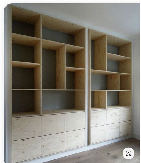 Plywood Shelves Wall, Plywood Wall Shelves, Plywood Library, Built In Wood Shelves, Two Tone Bookcase, Ply Shelving, Office Cupboard Design, Plywood Shelving, Plywood Bookcase