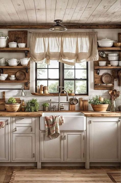 Rustic Kitchen Ideas With Island, Farm Kitchen Aesthetic, Antique Farmhouse Aesthetic, Homesteading Kitchen, Farmhouse Cottage Kitchen, Country Cottage Kitchen, Cottage Style Kitchen, Rustic Farmhouse Kitchen, Cottage Kitchens