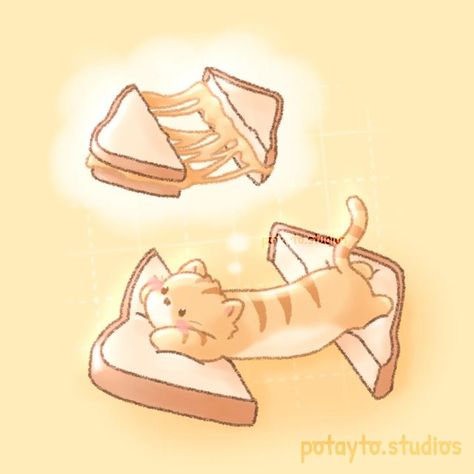 Cat Kneading Dough, Grilled Cheese Tattoo, Grilled Cheese Drawing, Cheese Cartoon, Cheese Drawing, Cheese Cat, Cat Stretching, Kneading Dough, Illustration Doodle