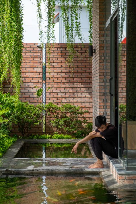 Fishpond Ideas, Curtain House, Kolam Koi, Red Brick Walls, Shigeru Ban, Garden Pond Design, Compact House, Koi Fish Pond, Brick Architecture