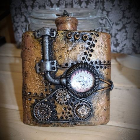 Polymer clay embellished stainless steel flask Punk Pottery, Steampunk Bottles, Raven Hart, Polymer Clay Steampunk, Painted Things, Decorative Glass Jars, Indoor Crafts, Steampunk Crafts, Diy Glass Bottle Crafts