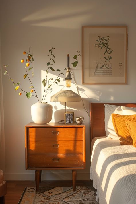 Explore stunning mid-century modern bedroom inspirations that balance functionality with stylish aesthetics. 🌿🏠 Bright Mid Century Modern Bedroom, Mid Century Primary Bedroom, Bedroom Color Schemes White Walls, Mid Century Modern Room Decor, Modern Eclectic Apartment Bedroom, Cozy Mid Century Modern Bedroom, Mcm Bedroom Ideas, Mid Century Eclectic Bedroom, Boho Mid Century Modern Bedroom