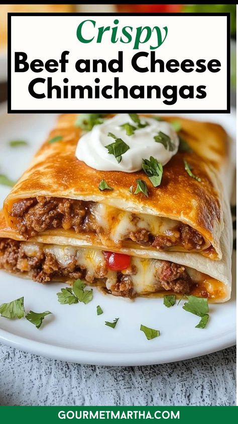 These Crispy Beef and Cheese Chimichangas are a must-try for anyone craving a hearty, flavorful meal! Perfect for lunch, dinner, or even as a snack, these chimichangas are filled with seasoned beef, melty cheese, and wrapped in a golden, crispy shell. Easy to make and totally satisfying, they’re a favorite in Mexican cuisine, bringing you the ultimate combination of crispy, cheesy, and savory all in one bite! Whether you're looking for a delicious dinner idea or a satisfying snack, these ... Healthy Chimichanga Recipe, Baked Beef Chimichanga Recipe, Simple Mexican Recipes Easy Dinners, Beef Enchiladas With Queso Sauce, Baked Chimichangas Beef, Ground Beef Chimichanga Recipe, Cheesy Beef Burritos, Meal Prep For Family Of 4, Chimichanga Recipe Beef