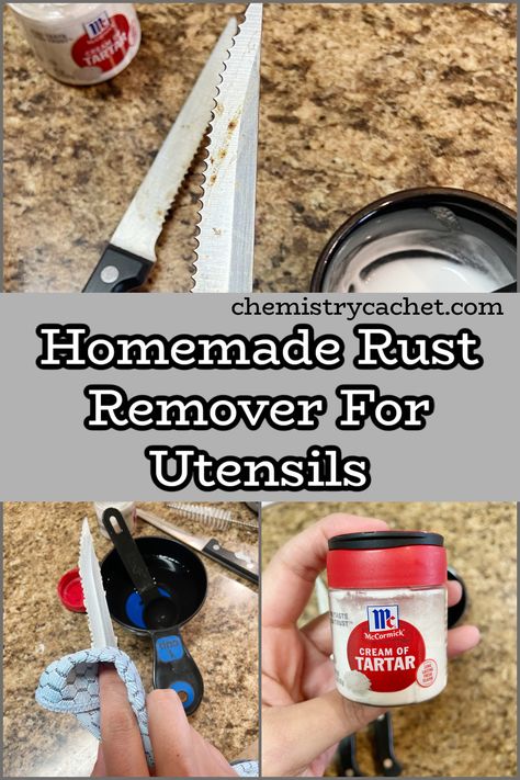 This is the most unique and best homemade rust remover you can use for kitchen utensils or other small surfaces! It is so easy to use. Get the details on Chemistry Cachet Cream Of Tartar Uses, Rust Remover, Remove Rust, Housekeeping Tips, Rust Removers, Tartaric Acid, Cleaning Tricks, Diy Products, Domestic Goddess