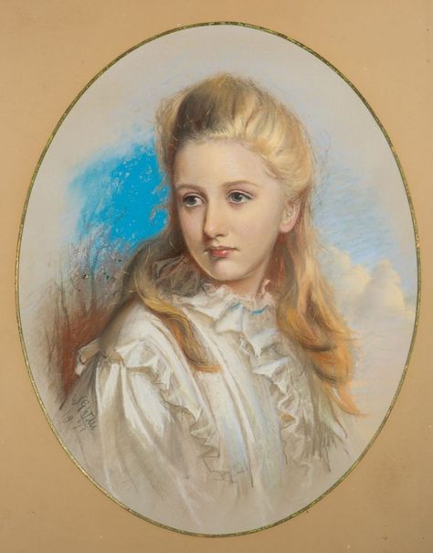 Pastel, oval. 54.5cm by 43cm. Signed l.l.: W.G. Wills/1871. Isabella Whichcote (d.1917), is portrayed here as a young girl. The daughter of Sir Thomas Whichcote, 7th Bt. of Aswarby, she married Brownlow, 4th Marquess of Exeter (1849-1895), in 1875. The Irish-born Wills, known mainly as a dramatist and novelist, began portrait painting in 1868. He had considerable success, despite having had little training, but his career as a painter was limited by his disorganised approach and unreliability. Oval Portrait Painting, Oval Portrait, Exeter, Portrait Painting, Painter, Career, Pastel, Quick Saves, Art