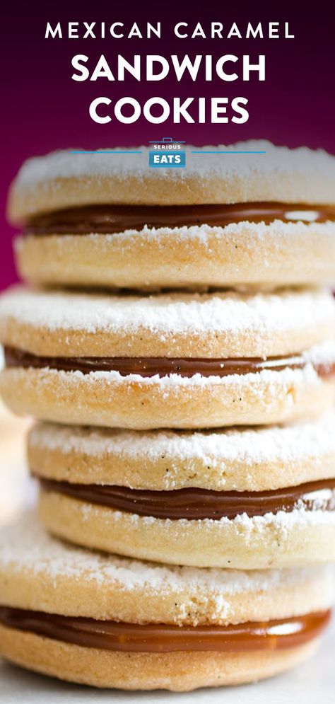 Alfajores are a Mexican sandwich cookie made with a goat's-milk variation on dulce de leche called cajeta. The combination of gooey toffee sauce and buttery shortbread can't be beat. Caramel Sandwich Cookies, Milk Toffee, Mexican Sandwich, Mexican Cookies, Toffee Sauce, Toffee Recipe, Caramel Cookies, Mexican Dessert, Caramel Recipes