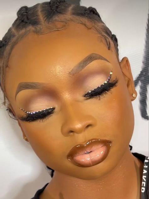 Full Glam Makeup With Rhinestones, Softglam Makeup Look Black Women, Pink Smokey Eye Black Women, Rhinestone Liner Makeup, Natural Makeup For Black Women With Rhinestones, White Glam Makeup, White Liner Makeup Looks Black Women, Soft Glam With Rhinestones, Rhinestone Makeup Looks Black Women