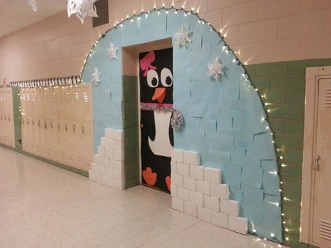 My classroom for the Winter Door Decorating contest! #homeschoolingroom Penguin Igloo Door Decoration, Penguin Hallway Decorations, Penguin Christmas Door Decorations, Igloo Classroom Door Ideas, Antarctica Classroom Decorations, Igloo Classroom Door, Penguin Door Decorations For School, Christmas Theme Classroom Door, Penguin Door Decoration