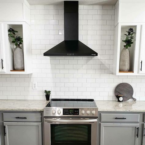 Black Range Hood Gray Cabinets, Black Hood Over Stove, Black Extractor Hood, Black Hood Fan Kitchen, Black Hood Range White Cabinets, White Cabinets Black Hood, White Kitchen Black Hood, Black Hood Vents Kitchen, Black Oven Hood