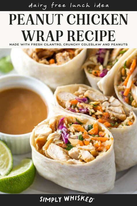 These easy, peanut chicken wraps are a simple and healthy lunch recipe, but they're delicious any time of day. Soft flour tortillas are filled with seasoned chicken, crunchy coleslaw and peanuts with a slightly spicy, homemade sauce. Peanut Chicken Wraps, Chicken Wrap Lunch, Easy Peanut Chicken, Soft Flour Tortillas, Asian Chicken Wraps, Chicken Wraps Healthy, Homemade Peanut Sauce, Chicken Crockpot Recipes Easy, Chicken Wrap Recipes