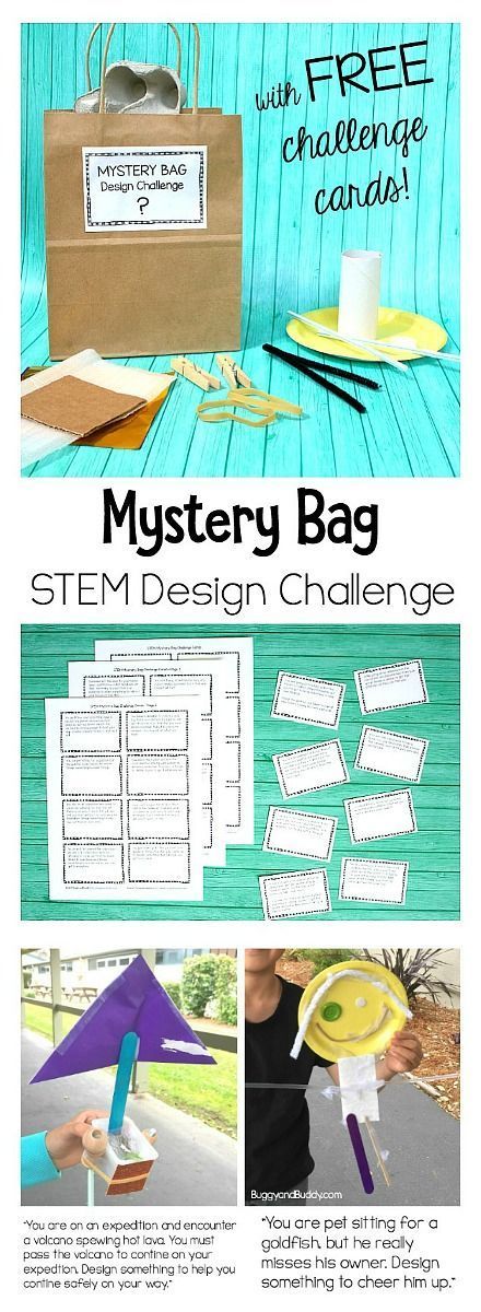 STEM Design Challenge for Kids: Mystery Bag Challenge with Free Printable STEM Challenge Cards- Makes a great classroom center, summer camp activity, or boredom buster! ~ BuggyandBuddy.com Stem Bins, Elementary Stem Activities, Fun Stem Activities, Steam Challenges, Camping Activities For Kids, Stem Classes, Stem Elementary, Summer Camp Activities, Teaching Stem