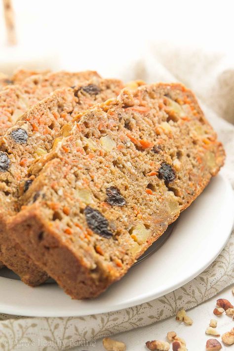 {HEALTHY!} Morning Glory Banana Bread -- only 135 calories! Naturally sweetened, really tender & so easy to make! It's perfect for quick on-the-go breakfasts & snacks. Completely kid-approved too! #healthy #breakfast #recipe #cleaneating Morning Glory Quick Bread, Morning Glory Loaf Recipe, Healthy Fruit Bread, Morning Glory Bread Recipe, Healthy Quick Bread Recipes, Morning Glory Loaf, Morning Glory Cake, Morning Glory Bread, Healthy Breakfast Bread