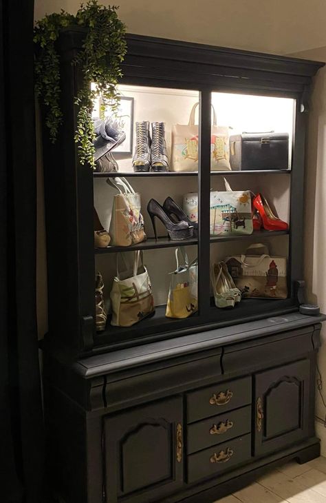 Repurposed China Cabinet Turn Lighted Shoe And Purse Display Case China Cabinet Closet, China Cabinet 2022, China Cabinet Display Ideas Dining Room, Purse Cabinet Display, China Cabinet In Entryway, China Cabinet In Bedroom Ideas, Shoe And Purse Display, China Cabinet In Bedroom, Repurposed Curio Cabinet Ideas