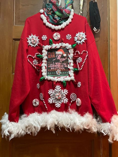 Made my first “Ugly Christmas Sweater” with Billy Idol as the center piece. Candy canes, Christmas Lights, Snowflakes on a red sweatshirt. So Festive Candy Cane Ugly Sweater Ideas, Ugly Sweater Ideas, Sweater Ideas, Billy Idol, Red Sweatshirt, Candy Canes, Christmas Baby, Ugly Sweater, All Things Christmas