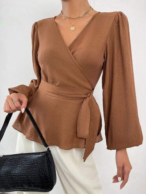 Solid Lantern Sleeve Belted Top | SHEIN ASIA Batwing Sleeve Top, Formal Tops, Lantern Sleeved Blouses, Women Blouses Fashion, Muslim Women Fashion, Belt Top, Trendy Fashion Tops, Women Blouses