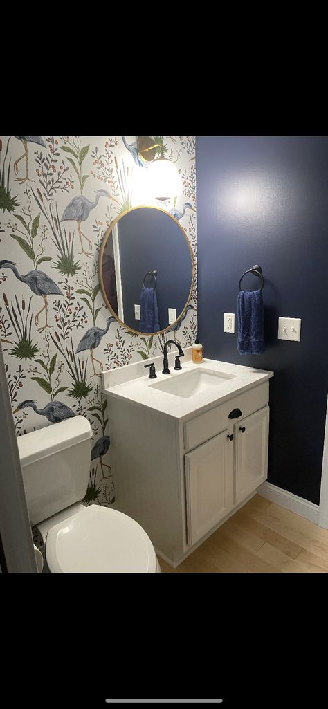 Master Bath Remodel Wallpaper, Half Bathroom Wallpaper Ideas Luxe, Navy Blue Half Bathroom Ideas, Powder Room Paint And Wallpaper, Partial Wallpaper Wall Bathroom, Blue Wallpaper Half Bath, Half Wallpaper Half Paint Small Bathroom, Wallpaper With Waynes Coating, Half Bath Feature Wall