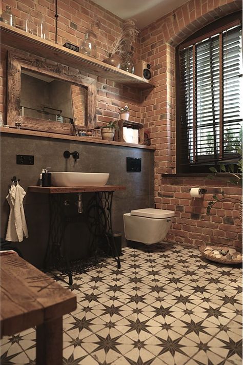 Red Brick Bathroom Ideas, Brick Wall In Bathroom, Brick In Bathroom, Bathroom Old Style, Brick Tile Bathroom, Bathroom With Brick Wall, Brick Shower Wall, Brick Bathroom Ideas, Brick Bathroom Wall