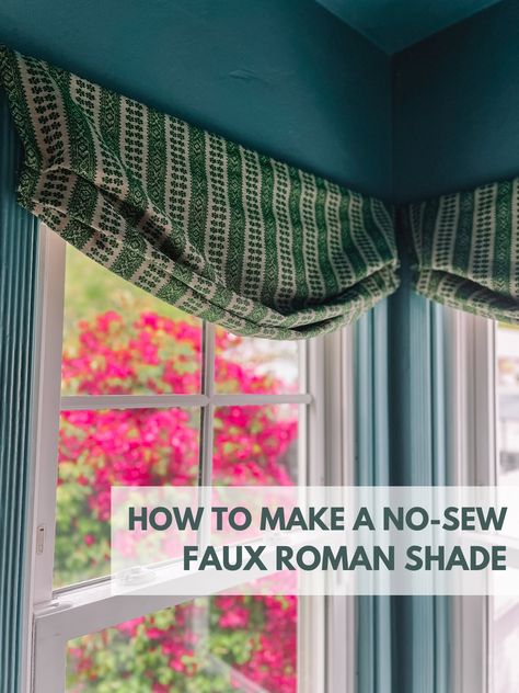 How To Make A NoSew Faux Roman Shade text over photo of roman shade Faux Roman Shades Diy How To Make, Diy Roman Shades No Sew, Diy Faux Roman Shades, Outside Mount Roman Shades, Text Over Photo, Tv Stand Makeover, Ikea Bestå Hack, Roman Shade Tutorial, Faux Roman Shade Valance