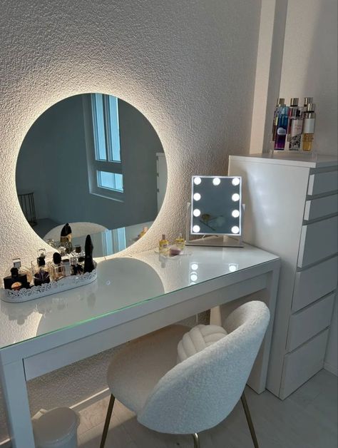 makeupvanity vanity Vanity Ideas Bedroom Circle Mirror, Desk With Circle Mirror, Desk With Mirror Vanity Ideas, Vanity With Circle Mirror, Circle Mirror With Lights, Circle Mirror Vanity, Vanity Circle Mirror, Room Inspo Led Lights, Circle Mirror Bedroom