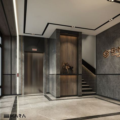 Building Entry Design, Entry Lobby Design, Elevator And Stairs, Lift Cladding, Stair Entrance, Residence Lobby, Door Showroom, Lift Wall, Stairs Designs