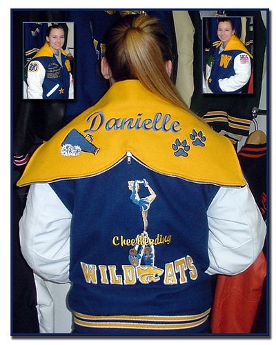 Girls.Letterman.Jacket.FitzgeraldDbk Cute Letterman Jackets, Cheer Letterman Jacket Ideas, Varsity Spirit Fashion Cheerleading Jackets, Cheer Letterman Jacket, Cheerleading Flexibility, Dance Letterman Jacket, Cheerleader Letterman Jacket, High School Letterman Jacket, Letterman Jacket Ideas