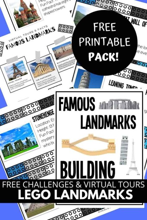 LEGO Landmark Challenges and Virtual Tours with FREE Printable Famous Landmarks Around The World, Landmarks Around The World, Geography Lesson Plans, Lego Math, Lego Challenge, Fun Facts For Kids, Human Body Unit, Lego Club, Free Lego