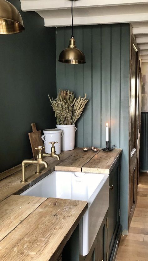 Koti Diy, Casa Country, Decor Studio, Cabin Kitchens, Farrow And Ball, Green Walls, Counter Tops, Farrow Ball, Design Case